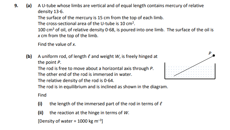 A-U-tube-whose-limbs-are-vertical-and-of-equal-length-contains-mercury-of-relative-density-13.6-Leaving Cert Applied Maths-Question 9-2020.png
