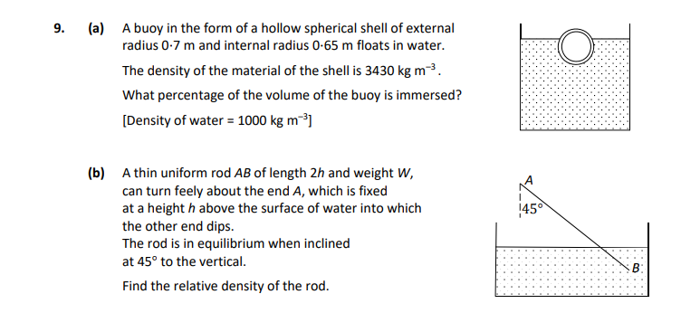 9.-(a)-A-buoy-in-the-form-of-a-hollow-spherical-shell-of-external-radius-0.7-m-and-internal-radius-0.65-m-floats-in-water-Leaving Cert Applied Maths-Question 9-2018.png
