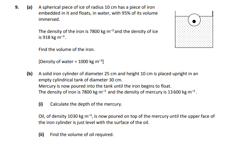 A-spherical-piece-of-ice-of-radius-10-cm-has-a-piece-of-iron-embedded-in-it-and-floats-in-water,-with-95%-of-its-volume-immersed-Leaving Cert Applied Maths-Question 9-2017.png