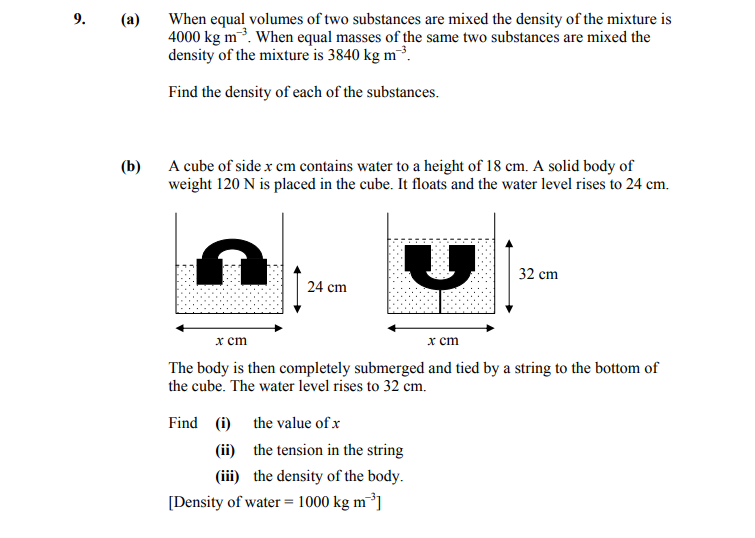 9.-(a)-When-equal-volumes-of-two-substances-are-mixed-the-density-of-the-mixture-is-4000-kg-m^-3-Leaving Cert Applied Maths-Question 9-2014.png