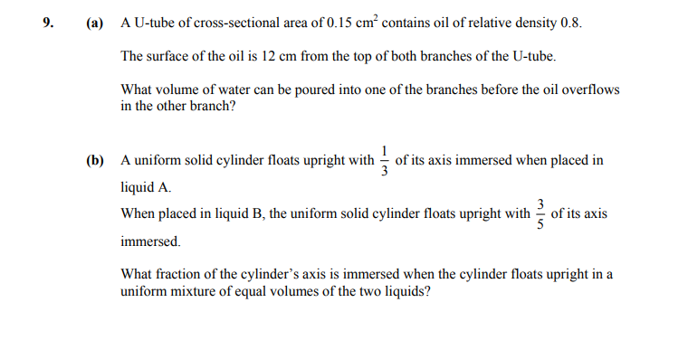 A-U-tube-of-cross-sectional-area-of-0.15-cm²-contains-oil-of-relative-density-0.8-Leaving Cert Applied Maths-Question 9-2011.png