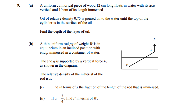 9.-(a)-A-uniform-cylindrical-piece-of-wood-12-cm-long-floats-in-water-with-its-axis-vertical-and-10-cm-of-its-length-immersed-Leaving Cert Applied Maths-Question 9-2009.png
