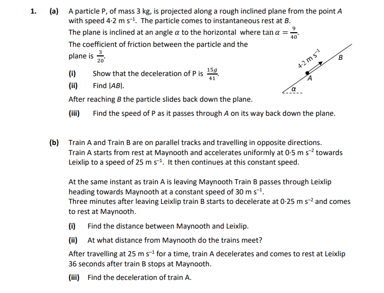 1.-(a)-A-particle-P,-of-mass-3-kg,-is-projected-along-a-rough-inclined-plane-from-the-point-A-with-speed-4-m-s⁻¹-Leaving Cert Applied Maths-Question 1-2019.png