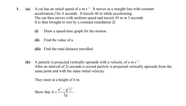 1.-(a)-A-car-has-an-initial-speed-of-u-m-s^-1-Leaving Cert Applied Maths-Question 1-2016.png