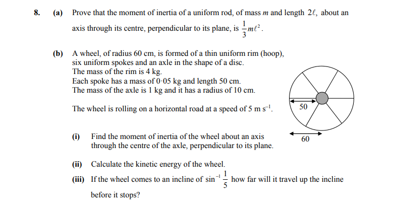 8.-(a)-Prove-that-the-moment-of-inertia-of-a-uniform-rod,-of-mass-m-and-length-2l,-about-an-axis-through-its-centre,-perpendicular-to-its-plane,-is-\(-\frac{1}{3}-ml^2-\)-Leaving Cert Applied Maths-Question 8-2016.png