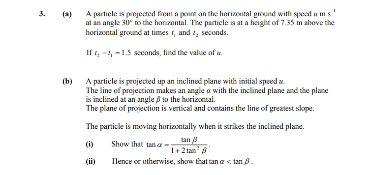 3.-(a)-A-particle-is-projected-from-a-point-on-the-horizontal-ground-with-speed-u-m-s⁻¹-at-an-angle-30°-to-the-horizontal-Leaving Cert Applied Maths-Question 3-2014.png