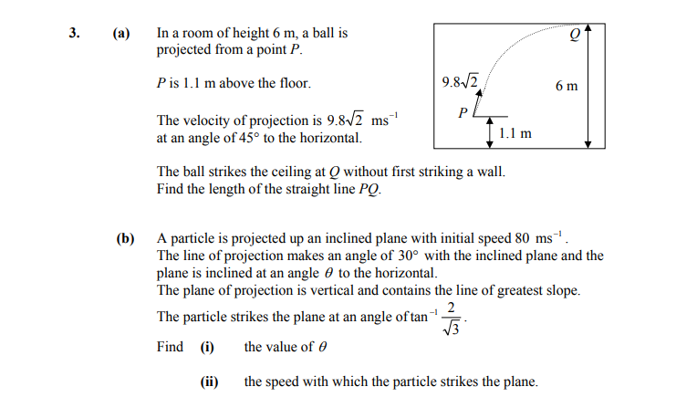 3.-(a)-In-a-room-of-height-6-m,-a-ball-is-projected-from-a-point-P-Leaving Cert Applied Maths-Question 3-2010.png