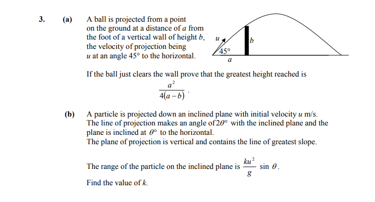 (a)-A-ball-is-projected-from-a-point-on-the-ground-at-a-distance-of-a-from-the-foot-of-a-vertical-wall-of-height-b,-the-velocity-of-projection-being-u-at-an-angle-45°-to-the-horizontal-Leaving Cert Applied Maths-Question 3-2008.png