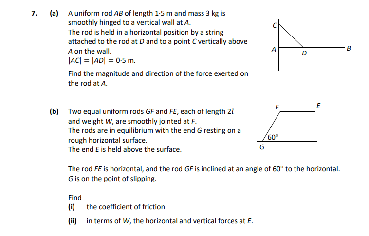 7.-(a)-A-uniform-rod-AB-of-length-1.5-m-and-mass-3-kg-is-smoothly-hinged-to-a-vertical-wall-at-A-Leaving Cert Applied Maths-Question 7-2019.png