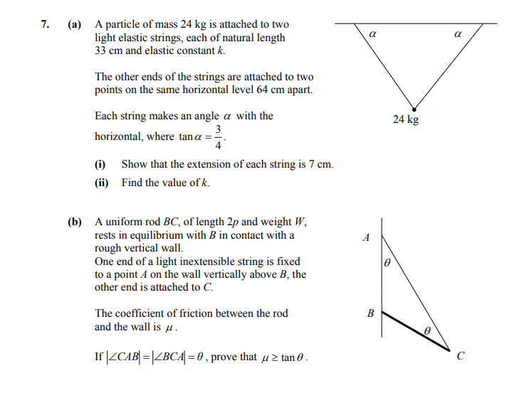 A-particle-of-mass-24-kg-is-attached-to-two-light-elastic-strings,-each-of-natural-length-33-cm-and-elastic-constant-k-Leaving Cert Applied Maths-Question 7-2011.png