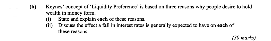 Keynes'-concept-of-'Liquidity-Preference'-is-based-on-three-reasons-why-people-desire-to-hold-wealth-in-money-form-Leaving Cert Economics-Question b-2009.png
