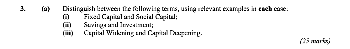 Distinguish-between-the-following-terms,-using-relevant-examples-in-each-case:--(i)-Fixed-Capital-and-Social-Capital;--(ii)-Savings-and-Investment;--(iii)-Capital-Widening-and-Capital-Deepening.-Leaving Cert Economics-Question 3 (a)-2006.png