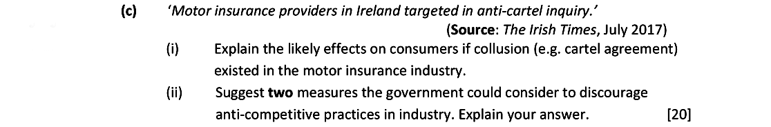 'Motor-insurance-providers-in-Ireland-targeted-in-anti-cartel-inquiry.'---(Source:-The-Irish-Times,-July-2017)----(i)-Explain-the-likely-effects-on-consumers-if-collusion-(e.g-Leaving Cert Economics-Question c-2018.png