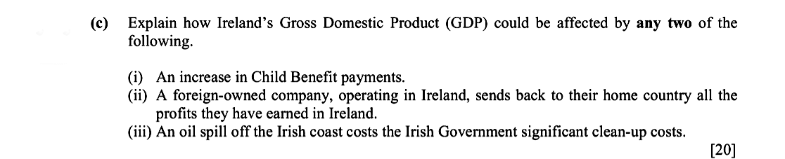 Explain-how-Ireland's-Gross-Domestic-Product-(GDP)-could-be-affected-by-any-two-of-the-following:--(i)-An-increase-in-Child-Benefit-payments-Leaving Cert Economics-Question e-2016.png