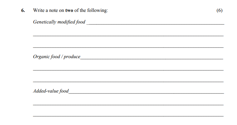 Write-a-note-on-two-of-the-following:--Genetically-modified-food-__________________________________________________--Organic-food-/-produce-_____________________________________________________--Added-value-food-___________________________________________________________-Leaving Cert Home Economics-Question 6-2016.png