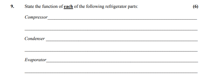 State-the-function-of-each-of-the-following-refrigerator-parts:--Compressor-_______________________________________--Condenser-_______________________________________--Evaporator-_______________________________________-Leaving Cert Home Economics-Question 9-2013.png