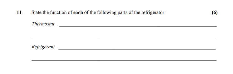 State-the-function-of-each-of-the-following-parts-of-the-refrigerator:--Thermostat-________________--Refrigerant-________________-Leaving Cert Home Economics-Question 11-2015.png