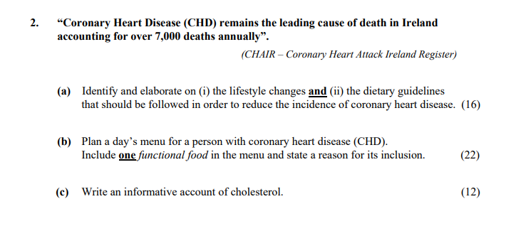 “Coronary-Heart-Disease-(CHD)-remains-the-leading-cause-of-death-in-Ireland-accounting-for-over-7,000-deaths-annually.”---(CHAIR---Coronary-Heart-Attack-Ireland-Register)----(a)-Identify-and-elaborate-on-(i)-the-lifestyle-changes-and-(ii)-the-dietary-guidelines-that-should-be-followed-in-order-to-reduce-the-incidence-of-coronary-heart-disease-Leaving Cert Home Economics-Question 2-2007.png