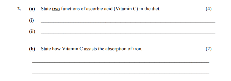 State-two-functions-of-ascorbic-acid-(-Vitamin-C)-in-the-diet-Leaving Cert Home Economics-Question 2-2004.png