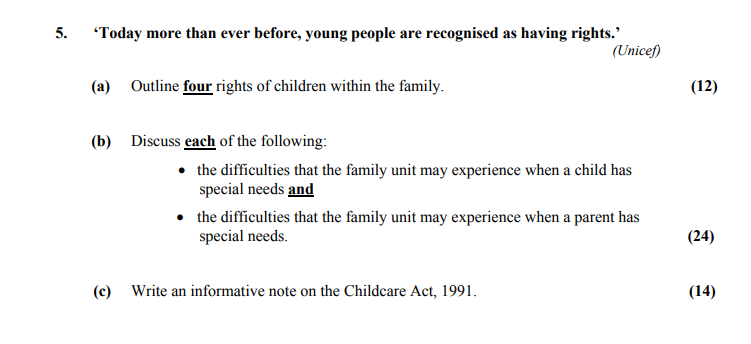 'Today-more-than-ever-before,-young-people-are-recognised-as-having-rights.'-(Unicef)--(a)-Outline-four-rights-of-children-within-the-family-Leaving Cert Home Economics-Question 5-2012.png