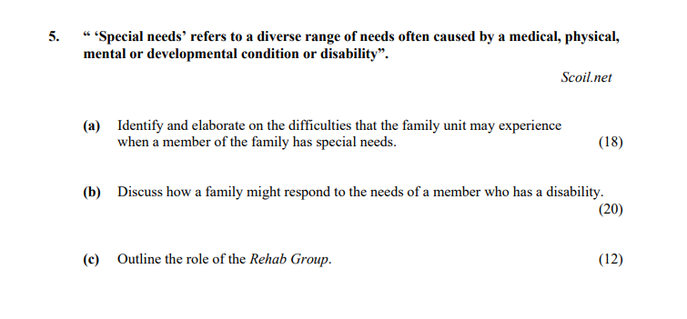 "Special-needs'-refers-to-a-diverse-range-of-needs-often-caused-by-a-medical,-physical,-mental-or-developmental-condition-or-disability"-Leaving Cert Home Economics-Question 5-2007.png