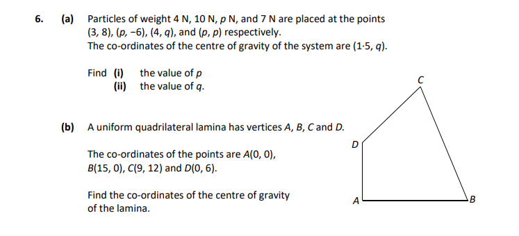 Particles-of-weight-4-N,-10-N,-P-N,-and-7-N-are-placed-at-the-points-(3,-8),-(p,--6),-(4,-q),-and-(p,-p)-respectively-Leaving Cert Applied Maths-Question 6-2019.png
