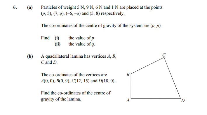 6.-(a)-Particles-of-weight-5-N,-9-N,-6-N-and-1-N-are-placed-at-the-points-$(p,-5)$,-$(7,-q)$,-$(-6,--q)$-and-$(8,-5)$-respectively-Leaving Cert Applied Maths-Question 6-2015.png