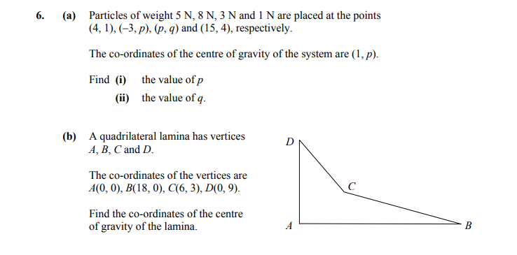 6.-(a)-Particles-of-weight-5-N,-8-N,-3-N-and-1-N-are-placed-at-the-points-(4,-1),-(-3,-p),-(p,-q)-and-(15,-4),-respectively-Leaving Cert Applied Maths-Question 6-2015.png