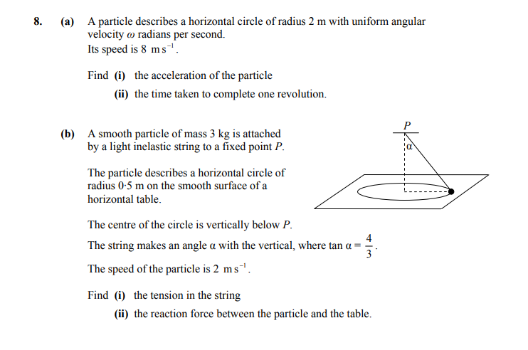 (a)-A-particle-describes-a-horizontal-circle-of-radius-2-m-with-uniform-angular-velocity-ω-radians-per-second-Leaving Cert Applied Maths-Question 8-2011.png