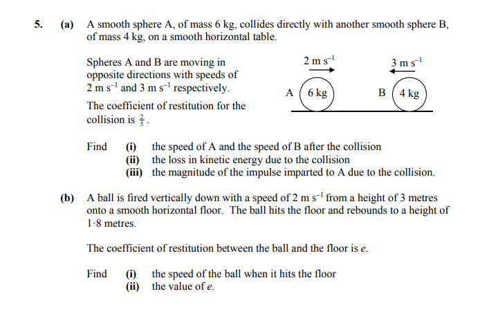 a)-A-smooth-sphere-A,-of-mass-6-kg,-collides-directly-with-another-smooth-sphere-B,-of-mass-4-kg,-on-a-smooth-horizontal-table-Leaving Cert Applied Maths-Question 5-2016.png