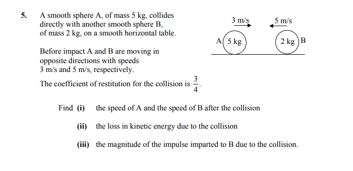A-smooth-sphere-A,-of-mass-5-kg,-collides-directly-with-another-smooth-sphere-B,-of-mass-2-kg,-on-a-smooth-horizontal-table-Leaving Cert Applied Maths-Question 5-2009.png