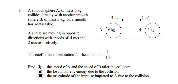 A-smooth-sphere-A,-of-mass-6-kg,-collides-directly-with-another-smooth-sphere-B,-of-mass-5-kg,-on-a-smooth-horizontal-table-Leaving Cert Applied Maths-Question 5-2008.png