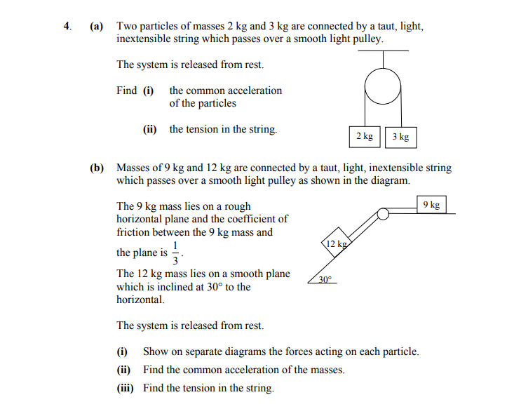 4.-(a)-Two-particles-of-masses-2-kg-and-3-kg-are-connected-by-a-taut,-light,-inextensible-string-which-passes-over-a-smooth-light-pulley-Leaving Cert Applied Maths-Question 4-2012.png