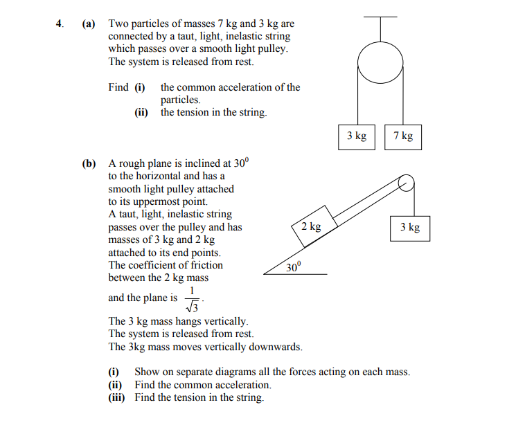 4.-(a)-Two-particles-of-masses-7-kg-and-3-kg-are-connected-by-a-taut,-light,-inelastic-string-which-passes-over-a-smooth-light-pulley-Leaving Cert Applied Maths-Question 4-2007.png