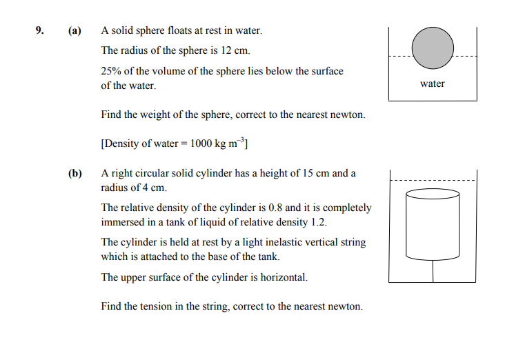 9.-(a)-A-solid-sphere-floats-at-rest-in-water-Leaving Cert Applied Maths-Question 9-2015.png
