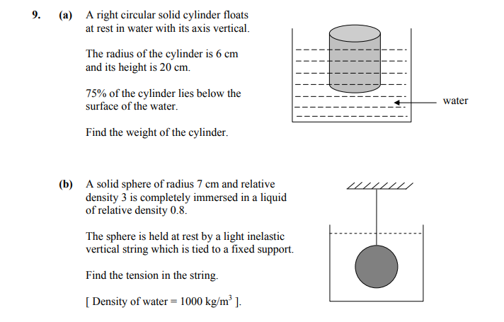 9.-(a)-A-right-circular-solid-cylinder-floats-at-rest-in-water-with-its-axis-vertical-Leaving Cert Applied Maths-Question 9-2009.png