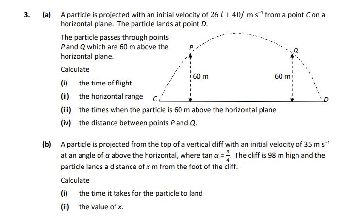 A-particle-is-projected-with-an-initial-velocity-of-$26-\,-i-+-40-\,-j-\,-m-\,-s^{-1}$-from-a-point-C-on-a-horizontal-plane-Leaving Cert Applied Maths-Question 3-2021.png
