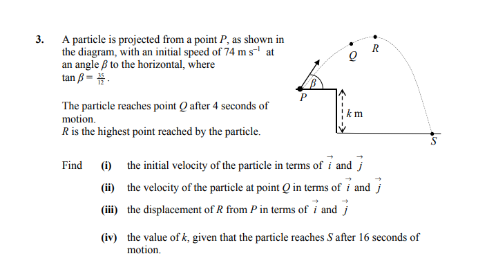 A-particle-is-projected-from-a-point-P,-as-shown-in-the-diagram,-with-an-initial-speed-of-74-m-s⁻¹-at-an-angle-β-to-the-horizontal,-where-\(-\tan-\beta-=-\frac{1}{2}-\)-Leaving Cert Applied Maths-Question 3-2016.png