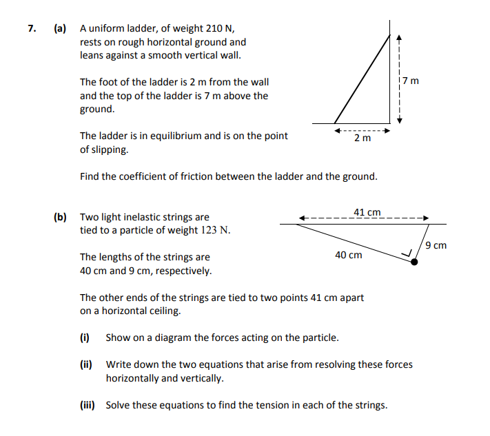 A-uniform-ladder,-of-weight-210-N,-rests-on-rough-horizontal-ground-and-leans-against-a-smooth-vertical-wall-Leaving Cert Applied Maths-Question 7-2017.png
