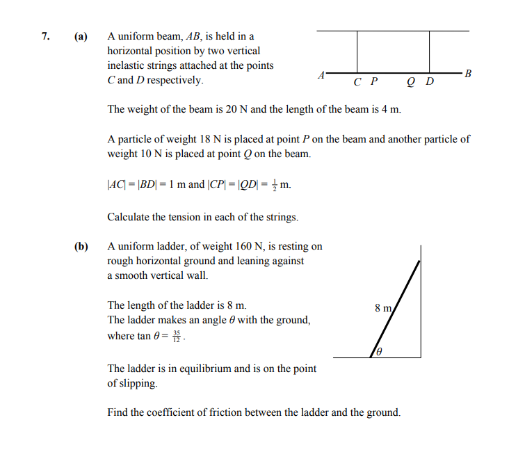 A-uniform-beam,-AB,-is-held-in-a-horizontal-position-by-two-vertical-inelastic-strings-attached-at-the-points-C-and-D-respectively-Leaving Cert Applied Maths-Question 7-2015.png