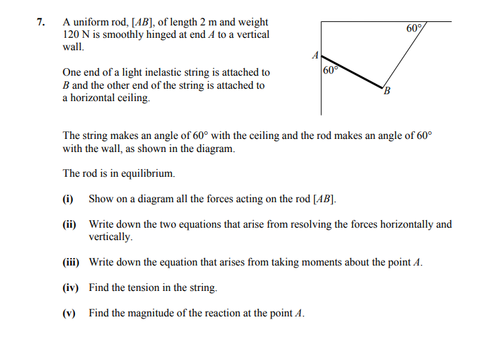 A-uniform-rod,-[AB],-of-length-2-m-and-weight-120-N-is-smoothly-hinged-at-end-A-to-a-vertical-wall-Leaving Cert Applied Maths-Question 7-2014.png