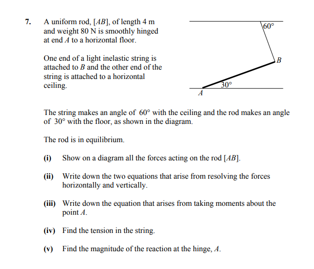 A-uniform-rod,-[AB],-of-length-4-m-and-weight-80-N-is-smoothly-hinged-at-end-A-to-a-horizontal-floor-Leaving Cert Applied Maths-Question 7-2012.png
