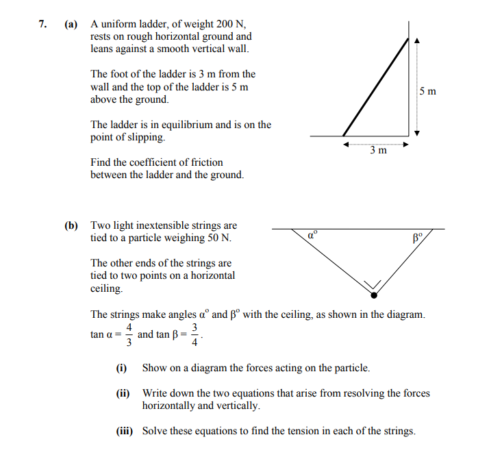 A-uniform-ladder,-of-weight-200-N,-rests-on-rough-horizontal-ground-and-leans-against-a-smooth-vertical-wall-Leaving Cert Applied Maths-Question 7-2009.png