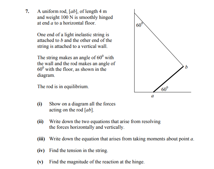A-uniform-rod,-[ab],-of-length-4-m-and-weight-100-N-is-smoothly-hinged-at-end-a-to-a-horizontal-floor-Leaving Cert Applied Maths-Question 7-2008.png