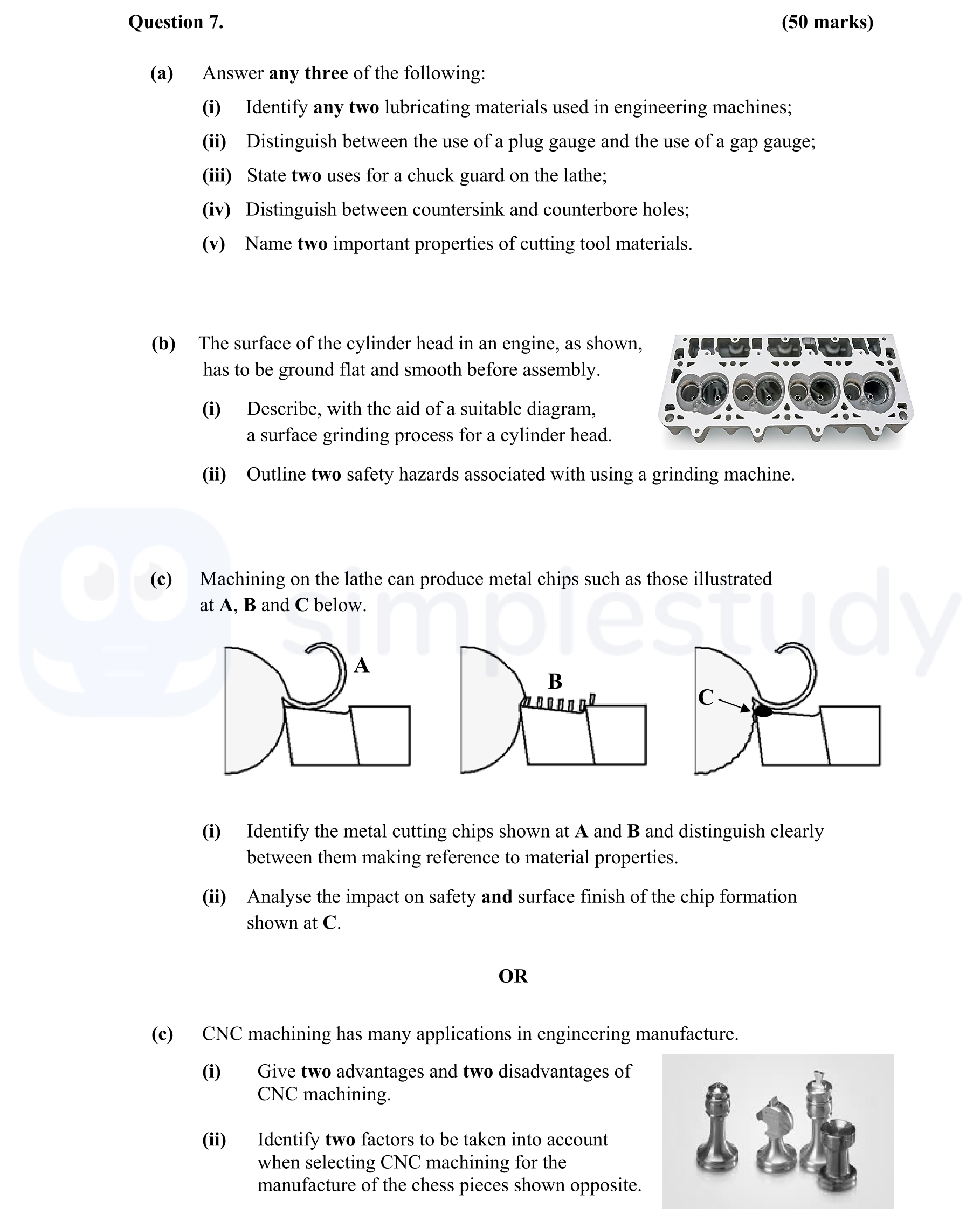 a)-Answer-any-three-of-the-following:--(i)-Identify-any-two-lubricating-materials-used-in-engineering-machines;--(ii)-Distinguish-between-the-use-of-a-plug-gauge-and-the-use-of-a-gap-gauge;--(iii)-State-two-uses-for-a-chuck-guard-on-the-lathe;--(iv)-Distinguish-between-countersink-and-counterbore-holes;--(v)-Name-two-important-properties-of-cutting-tool-materials-Leaving Cert Engineering-Question 7-2015.png