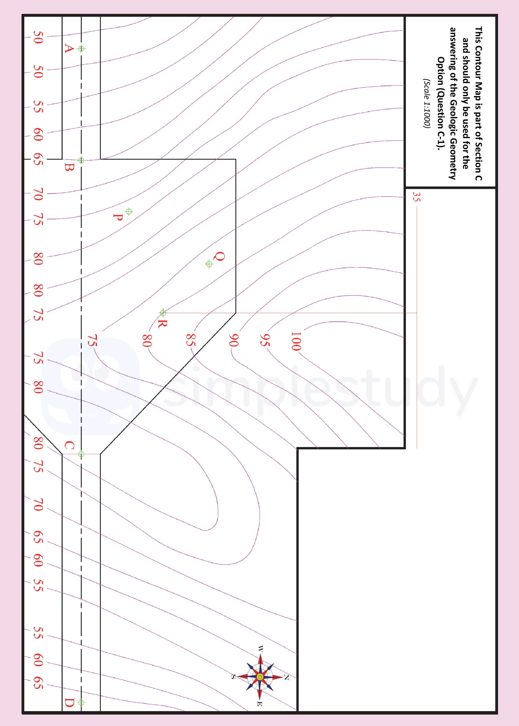 Earthworks-on-Northern-side-of-motorway-(31)--Earthworks-between-A-and-B-(Level)---Embankment-(i)-Draw-parallel-lines-at-10mm-intervals-(ii)-Identify-intersections-with-contours-and-draw-curve--Earthworks-between-B-and-C-(Level,-Vertical-Edge)---Cutting-(iii)-Draw-parallel-lines-at-7.5mm-intervals-(iv)-Identify-intersections-with-contours-and-draw-curve--Earthworks-between-B-and-C-(Level,-Horizontal-Edge)---Cutting-(v)-Draw-parallel-lines-at-7.5mm-intervals-(vi)-Draw-curve--Earthworks-between-B-and-C-(Level,-Sloping-Edge)---Cutting-(vii)-Draw-parallel-lines-at-7.5mm-intervals-(viii)-Draw-curve--Earthworks-between-C-and-D---Cutting-(ix)-Draw-required-7.5mm-arc-at-C-and-draw-tangent-(x)-Draw-parallel-lines-at-10mm-intervals-(xi)-Identify-endpoints-and-draw-curve--(b)-Strike-and-Dip-of-stratum-and-Borehole-from-R-(13)-(xii)-Establish-points-on-top-surface-in-elevation-and-draw-required-triangle-Leaving Cert DCG-Question C-1-2018.png