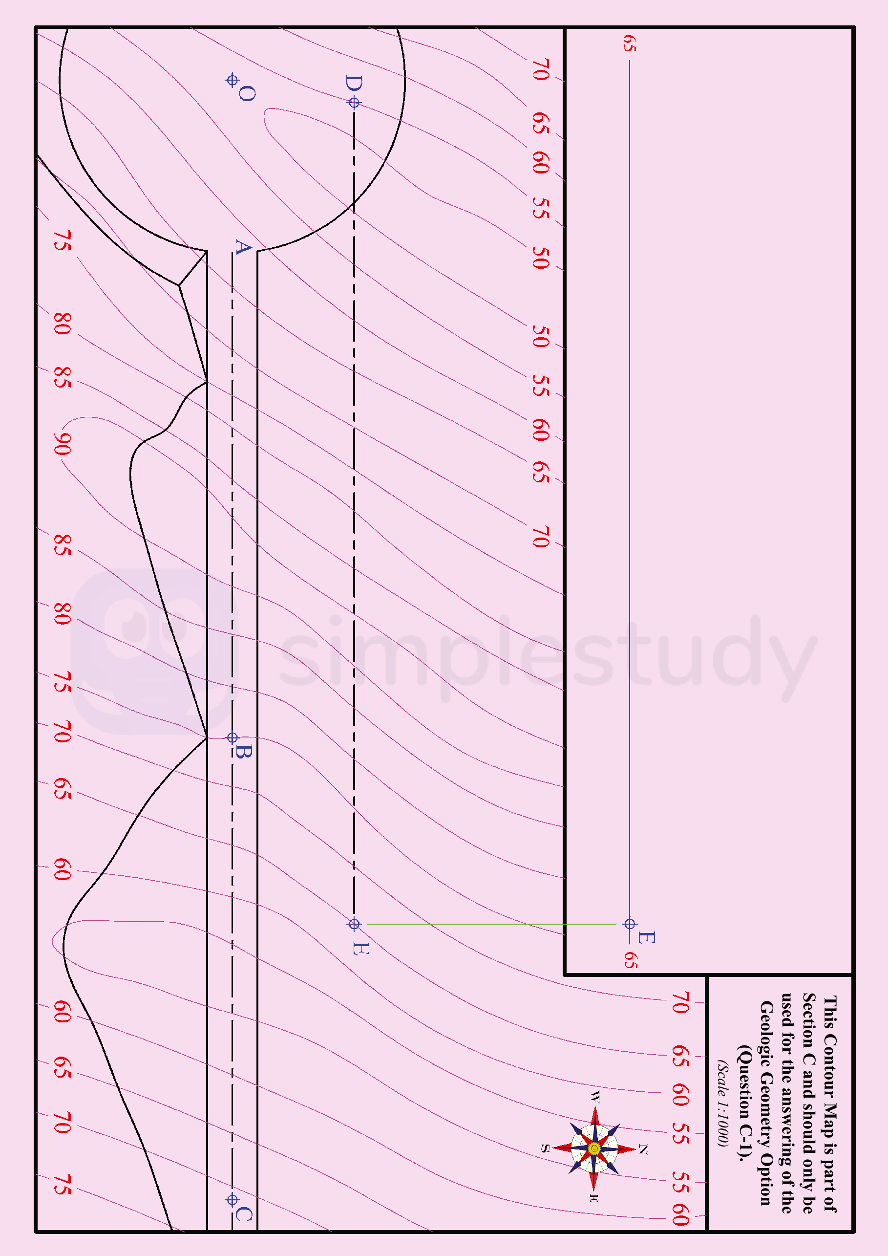 Earthworks-for-Fairway-and-Putting-Green-(30)--Earthworks-between-A-and-B-(Level)---Embankment--(i)-Draw-parallel-lines-at-7.5m-intervals---(ii)-Identify-intersections-with-contours-and-draw-curve---Earthworks-between-A-and-B-(Level)---Cutting---(iii)-Draw-parallel-lines-at-5m-intervals---(iv)-Identify-intersections-with-contours-and-draw-curve---Earthworks-for-Putting-Green-(Level)---Embankment---(v)-Draw-parallel-curves-at-7.5m-intervals---(vi)-Identify-intersections-with-contours-and-draw-curve---Intersection-between-earthworks-for-Fairway-and-Putting-Green---(vii)-Extend-curves-to-establish-correct-intersection-point-(2,1)---Earthworks-between-B-and-C-(Rising)---Embankment---(viii)-Draw-required---(ix)-Draw-parallel-lines-at-7.5m-intervals---Profile-on-DE-(9)---(xi)-Measure-and-draw-height-lines-at-5m-intervals-Leaving Cert DCG-Question C-1-2014.png