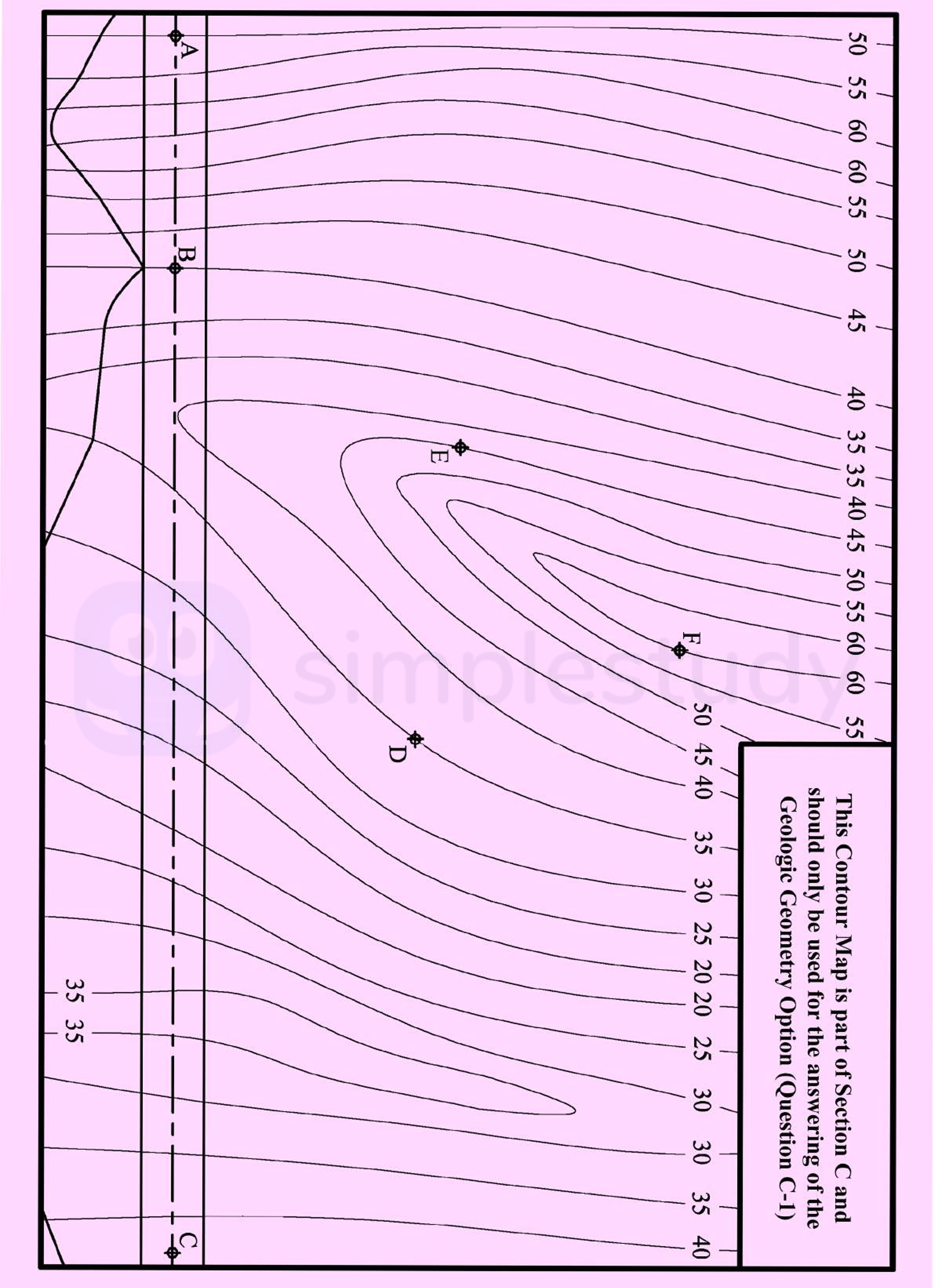 Earthworks-for-roadway--Earthworks-between-A-and-B-(Level-–-Cutting)--(i)-Draw-parallel-lines-at-5m-intervals--(ii)-Identify-intersections-with-contours-and-draw-curve--Earthworks-between-B-and-C-(Rising-–-Embankment)--(iii)-Draw-required-arc--(iv)-Draw-parallel-lines-at-7.5m-intervals--(v)-Identify-intersections-with-contours-and-draw-curve--Strike-and-dip-of-stratum-(ii)--(vi)-Draw-DF-and-establish-point-on-DF-at-altitude-of-E-(3.2)--(vii)-Draw-correct-strike-line-in-plan--(viii)-Draw-X,Y,-perp-Leaving Cert DCG-Question C-1-2009.png