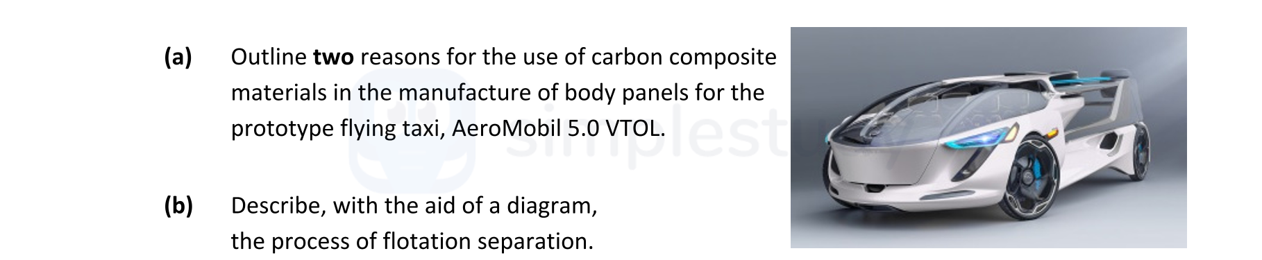 (a)-Outline-two-reasons-for-the-use-of-carbon-composite-materials-in-the-manufacture-of-body-panels-for-the-prototype-flying-taxi,-AeroMobil-5.0-VTOL-Leaving Cert Engineering-Question Question 1-2019.png