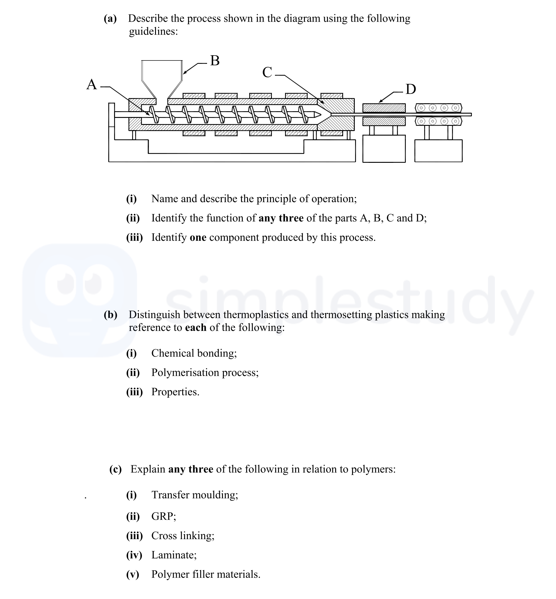 Describe-the-process-shown-in-the-diagram-using-the-following-guidelines:--(i)-Name-and-describe-the-principle-of-operation;-(ii)-Identify-the-function-of-any-three-of-the-parts-A,-B,-C-and-D;-(iii)-Identify-one-component-produced-by-this-process-Leaving Cert Engineering-Question 6-2008.png